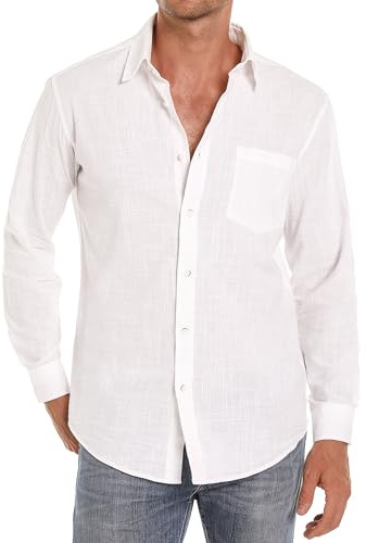 iClosam Camicia Uomo Manica Lunga Lino Estiva Elegante Camicia Coreana Uomo Tinta Unita Beach