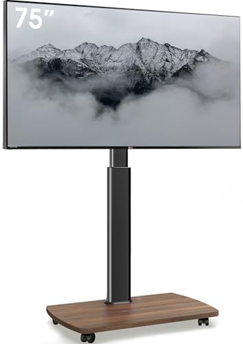 AOKCOS TV Bodenständer Rollbar mit Holzregal, TV Ständer mit Rollen für 43-75 Zoll Flach & Curved Fernseher bis 50kg, Höhenverstellbar Schwenkbar Fernsehstand, Max.VESA 600x400mm