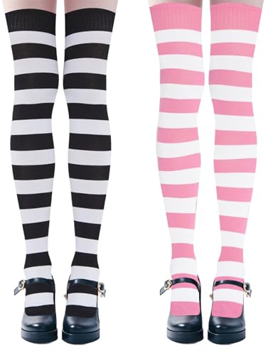 Damen Überknie Kniestrümpfe Overknee Strümpfe Lange gestreift Oberschenkelhohe Socken Gestreifte Schüler Knitting (DE/NL/SE/PL, Alphanumerisch, Einheitsgröße, Regular, Regular, 2, Schwarz+Rosa)