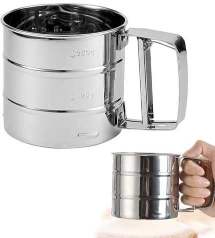 vcsjw Mehlsieb Edelstahl,Puderzuckerstreuer 250g,Einhandbedienung Mehlsieb,Puderzucker Mühle,Einhändig Bedienbarer Filter,aus Edelstahl,für Mehl,Zucker,Kakaopulver