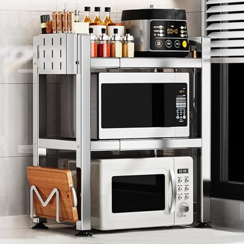 Soporte Extensible para Horno microondas,Soporte Ajustable para Guardar Utensilios de Cocina,Organizador de Acero Inoxidable de 2 Niveles para mostrador, con 4 Ganchos/Soporte para Tabla de Cortar
