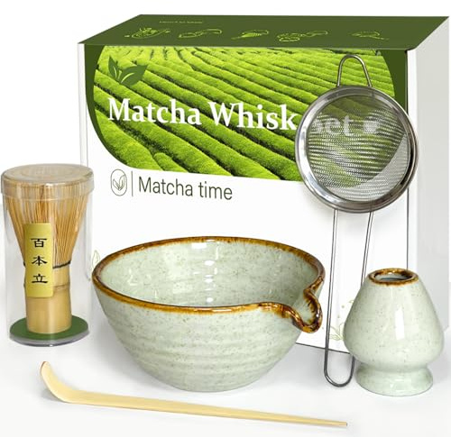 Vaiheng Matcha Whisk Set with Matcha Bowl, Matcha Whisk Holder Matcha Bamboo Whisks, Scoop, Sifter, Mothers Day Gifts for Women Mom Her Girl Friend Home Kitchen Decor Kit for Tea Enthusiasts