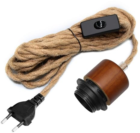 WPQIUZS 500CM Kabel Hanfseil Lampe Hängelampe mit Stecker, Lampenkabel Lampenfassung E26/E27 mit Schalter, Vintage Pendelleuchte mit Stecker, Hanfseil Kabel Fassung für Zuhausbeleuchtung Geeignet