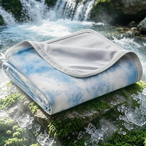 EMME Kühldecke Kühlende Decke, Arc-Chill Q-Max>0.45, 228 x 228 cm | 2 in 1 Doppelseitige Sommerdecke, Leicht Atmungsaktiv Tagesdecken, Sofa Decken,Bettüberwurf Kuscheldecke,Aquarell Blau