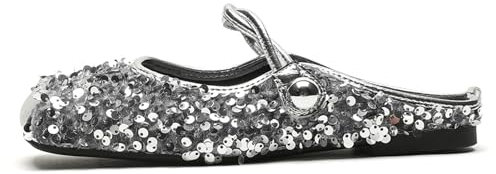 MiaZane Glitter Square Toe Flats - Scarpe Basse a Punta Quadrata Lucida - Tomaia Traspirante - Scarpe Casual Versatili per Le Donne,Argento,37 EU