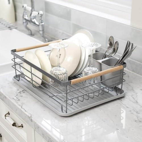 Warmiehomy Dish Drainer Rack Dish Drying Rack Dish Rack with Removable Drip Tray, Draining Board Rack Sink Drainer Rack with Cutlery Holder for Kitchen Counter, Grey