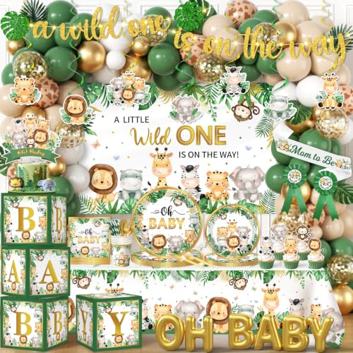 Safari Baby Shower Decorations,262pcs Wild Birthday Decorations Jungle Baby Shower Decorations Plates and Napkin Cups Backdrop Banner Tablecloth Balloons Garland Boxes,Serves 20
