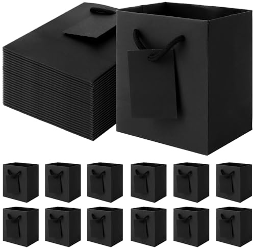 MIVIDE 60 Stück Geschenktüten mit Henkel, 10 x 7 x 11.5 cm Geschenktüte Papier Schwarz, Dreisträngiges Seil Klein Papiertüten mit Henkel mit Karte für Weihnachten, Hochzeiten, Party