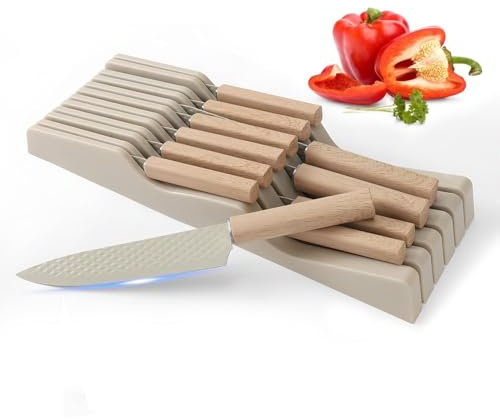 Stainless Steel Knife Block Set, 12 Pieces Kitchen Knife Set with in-Drawer Knife Block, Ultra Sharp Non-Stick Coating Chef Knives Set with 6PCS Steak Knives, Drawer Knife Organizer (Khaki)