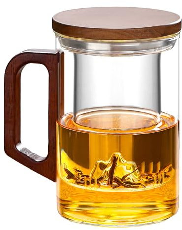 MESNEY Teetasse mit Deckel Und Sieb 950ml, Teetasse Groß, Hitzebeständigem Borosilikatglas, Teetasse mit Sieb für Losen Tee, Blütentee und Teebeutel, Teetasse Mit Bambusgriff