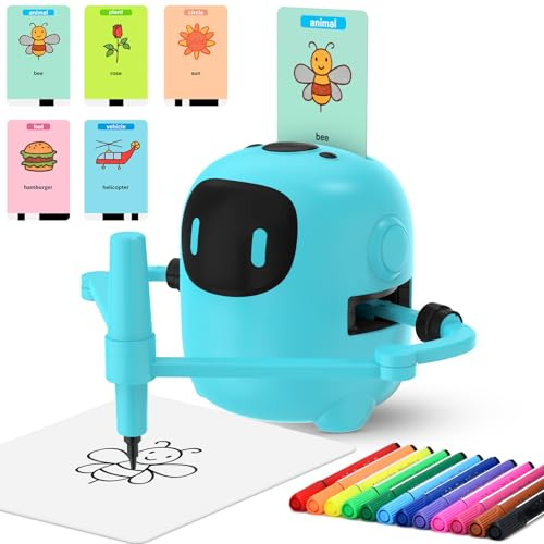 Ruycllo Robot da Disegno Interattivo per Bambini - Giocattolo Educativo con 100 Schede e Penna, Voce in Inglese, USB Type-C, Ricaricabile, per Apprendimento e Regalo Bambini 3–10 Anni (Blu)