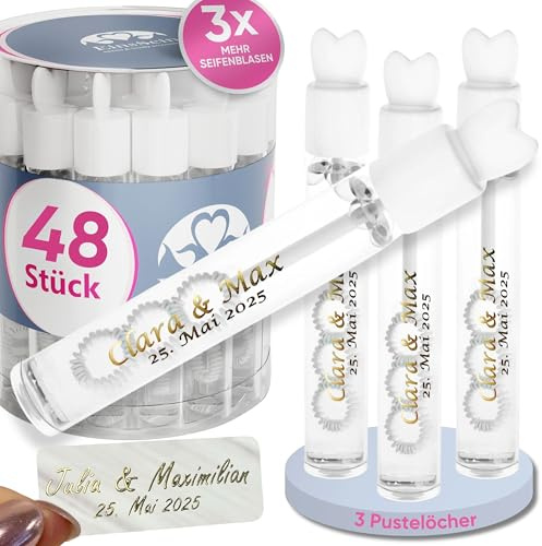 EinsSein personalisierte Seifenblasen Hochzeit Lovegläschen Weiss 48 Stück | Seifenblasen mit Aufkleber als Gastgeschenke auch für die Taufe Geburtstag Party | Hochzeitsseifenblasen | Wedding Bubbles