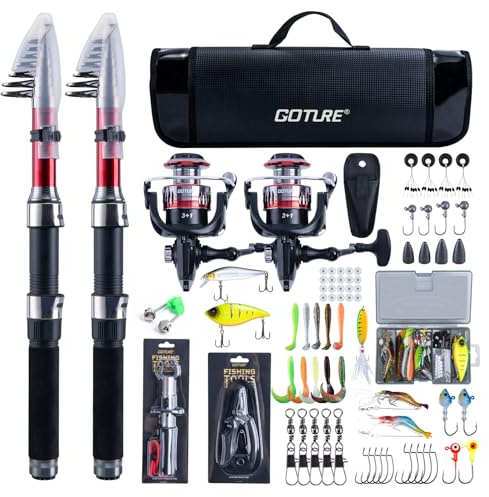 Goture Angelset mit 2 Teleskop-Angelruten, 1,8m Angelrute Set Komplett 2 5.2:1 Spinnrolle, Angelzange, Köderbox & Tragetasche – für Salz-/Süßwasser, Reisen–Angelgeschenk