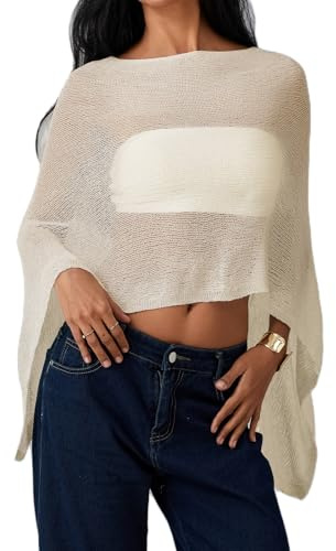 Womens Sheer Knit Poncho Summer Fall Shrug Lightweight Cover Up Ruffle Pullover Sweater Top One Size Fits Most (B-Yellow, ONE Size)
