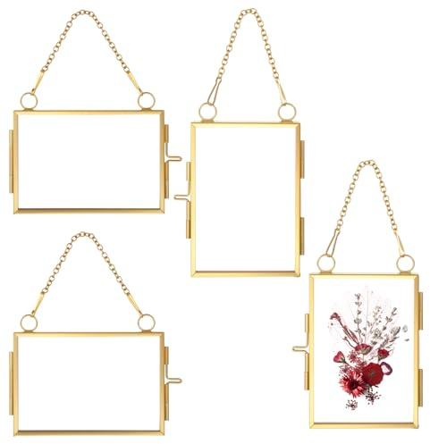 YUXIANLB 4 Pcs Double Glass Frame for Pressed Flowers, 2x3 Inch Picture Frame Mini Brass Wall Hanging Photo Frame with Chain for DIY Plant Specimen Wall Ornament Artwork Display Wall Decor (Gold)