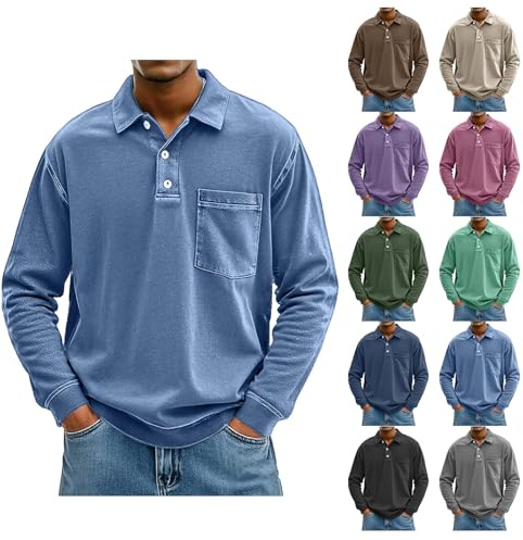 Poloshirt Herren Langarm Golfshirts Langarmshirt mit Knopfleiste Stehkragen Vintage Regular Fit Polohemd mit Brusttasche Leichte Funktionsshirt Atmungsaktives Outdoor Sport Tshirt Schnelltrocknend