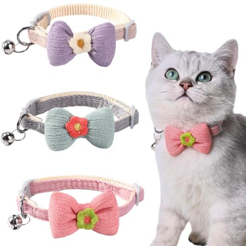 JEYORZY 3Pezzi Collare Gatto Antistrozzo, Collare per gatti in morbido Collare per Gatti con Colletto a Fiocco, collari per gattini con fibbia a sgancio rapido e campanella, per travestimento di gatti