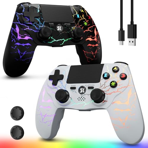 Kujian Wireless Controller for PS4 2-Pack with RGB LED Modes, Gaming Remote with 1000mAh Battery/Dual Shock/6-Axis Gyro/3.5mm Audio Jack/Speaker, Gaming Controller for Playstation 4/PS3(White+Black)
