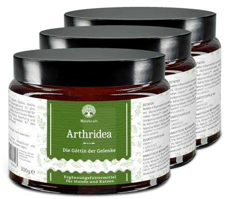 Waldkraft Arthridea | Gelenkkomplex für Hunde & Katzen | Mit MSM, Glucosamin, Chondroitin, Kollagen, Grünlippmuschel, Kurkuma & Weihrauch | 3X 300 g Pulver in lichtschützendem Braunglastiegel