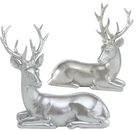 mucHome 1x Deko-Hirsch Figur, Silber Glitzer-Finish, 22cm oder 15cm Höhe, Stehend oder Sitzend, Zufällige Lieferung (Sitzend 15cm)