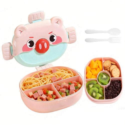 Fiambrera Infantil Compartimentos, Loncheras para Niños De Dibujos Animados con Vajilla, Caja De Salsa, Lunch Box Kids 1350ml para Escuelas, Picnics, Adorable Bento Box para Microondas (Rosa)