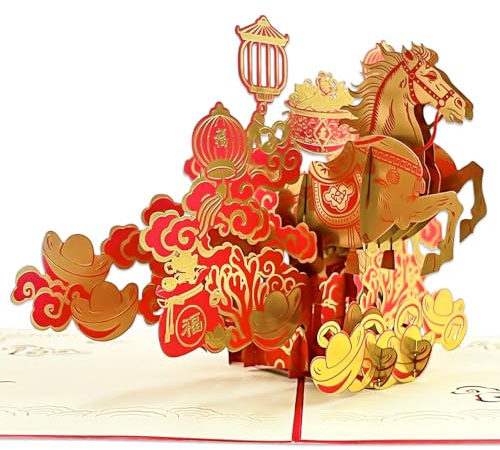 GMEMNOV 3D Pop-Up Chinese New Year Card 2026 - Year of The Horse Handmade Lunar New Year Greeting Cards with Envelope, Unique Spring Festival Decorations Gifts for Family & Friends