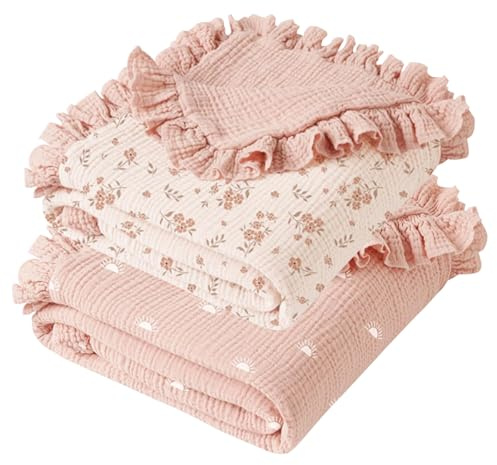 Koomuao 2er Set Musselin-Babydecke-Rüschen 92 x 102cm,100% Baumwolle Musselin Baby Decken,Weich Atmungsaktiv,Wickeltuch aus Musselin Schlafdecke Decke für Baby für Kleinkinder Mädchen Junge (C)