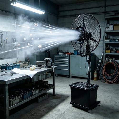 Ventilador con Agua Pulverizada 42L – Ventilatore a Piantana Industrial Exterior con Nebulizador Oscillazione 90°, 3 Velocità, Portata Aria 10 M, Ruote, per Esterno, Terrazza, Ristorante(Ø81cm)