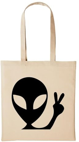 Huuraa Jutebeutel Alien Peace Weltall UFO All 10 Liter Natural | Geschenk Tasche Baumwolle 38 x 42 cm Tragetasche mit langem Henkel Geschenkidee Einkaufstasche