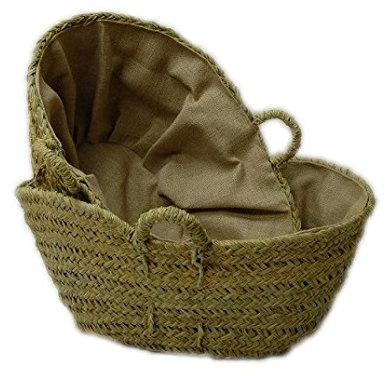 Capazo de Esparto o leñero de fibras naturales, con Forro Tipo Saco. Ovalado. Cesto para la leña o decoración (4V, aprox. 50-55x30 cm)