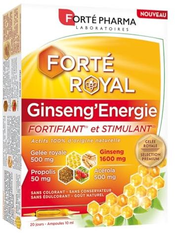 Forté Pharma Complément vitalité FortéRoyal Ginseng'Energie 20 ampoules | Défenses naturelles & énergie au naturel, Ginseng, Gelée Royale, Acérola, Propolis, 20 jours renouvelable au besoin