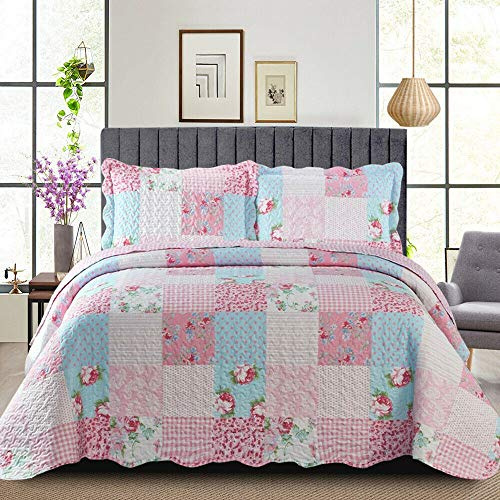 B&B Patchwork Quilt Bedspread Super King Size Bed - 3 Pcs Box Pattern Thick Cotton Filling Bed Warmer Large Blanket Bed Spread With Quilt Fabric 2 Pillowcase - Floral Pink