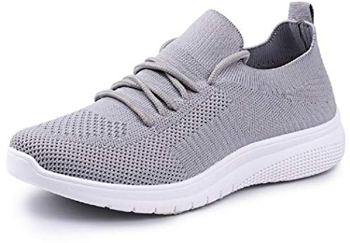 Kvinnor lätta promenadskor damer snörning sneakers nät gå löpning träningsskor låg topp andningsbara atletisk promenad gymskor sport löpning, Grå, 36 EU