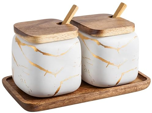 JFFLYIT Lot de 2 sucriers en céramique marbrée avec couvercle en bois et cuillère en bois (blanc)