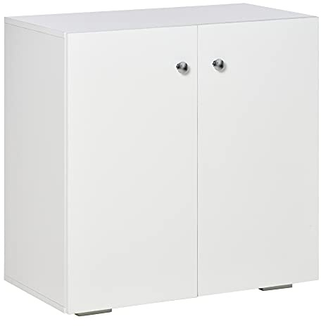 HOMCOM 2 Tier Bookcase, Wooden Storage Cabinet with 2 Doors, Freestanding Sideboard for Living Room, Home Office and Study, White