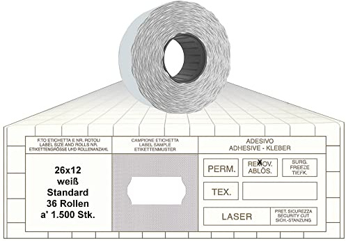 Preisauszeichner Etiketten 26x12 Standard weiß 36 Rollen ablösbare Preisetiketten 1-Zeilig für Smart, Tovel, Meto, Contact, Sato, Samark, Printex