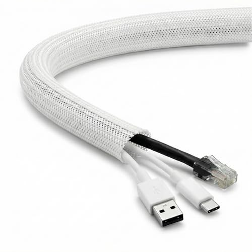 QWORK® 10ft/3m Self-Closing Cable Sleeve, Braided Wire Tidy Cable Management Cable Tie Diameter 1/2”-3/4” (13-20mm), White