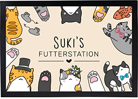 Napfunterlage Katze personalisiert | Futterstation Comic 35 x 50 cm | Hochwertige Filzoberfläche, rutschfeste Gummi-Unterseite, 1,5 mm dünn, strapazierfähig, leicht zu reinigen, mit Katzenname