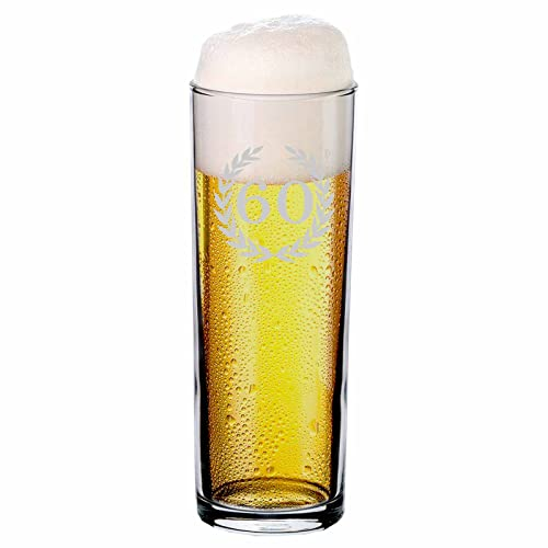 LUXENTU Bicchiere da birra con incisione in vetro Kölsch/asta di Colonia con taratura da 0,2 litri e corona di alloro incisa con numero, regalo per 60° compleanno/anniversario, lavabile in