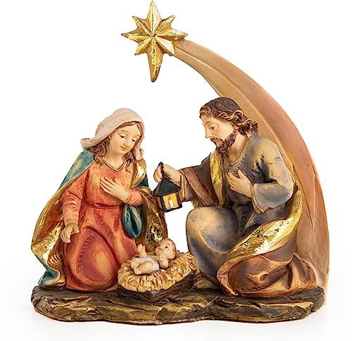 Logbuch-Verlag Petite crèche de Noël, 12 x 11,5 cm: Figurine Sainte Famille en résine, décoration intérieure pour Table ou fenêtre, de l’Avent dorée et Brune, déco Symbolique élégante et chaleureuse