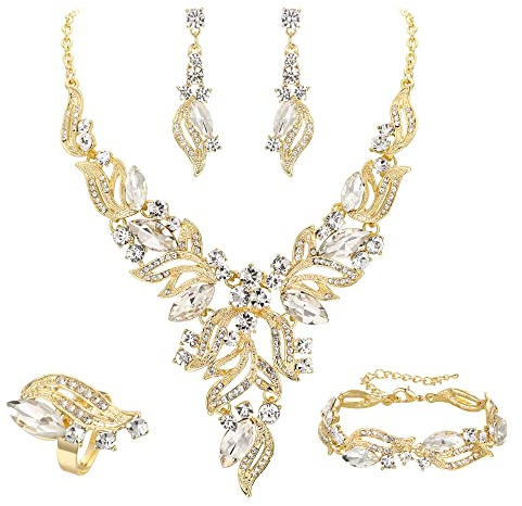 EVER FAITH Ensemble de bijoux de mariée pour mariage avec cristaux - Collier, boucles d'oreilles, bracelet et bague - Motif feuille cluster en forme de marquise - Ensemble pour bal de fin d'année