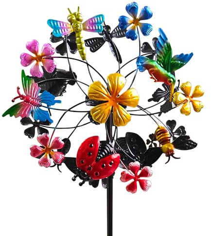 Senflame Flower Wind Spinners Outdoor, Metal Windmill with Hummingbirds, Butterflies and Bees, Pinwheels for Yard and Garden