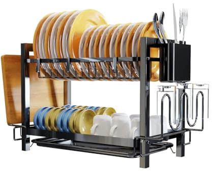 Yexati mit 2 Ebenen, großes Fassungsvermögen, Küchen-Abtropfgestell mit Utensilien-Organisation, Abtropfgestell mit Schneidebrett-Halter, Plus 3 Haken, Schwarz