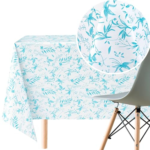 KP HOME Wipe Clean Tablecloth Rectangular 78.7x55.1 In (200x140cm) - PVC Wipeable Plastic Table Cloth for Outdoor - Waterproof Rectangle Turquoise Oilcloth 6 Seat Table Cover in Teal Blue Leaf Pattern