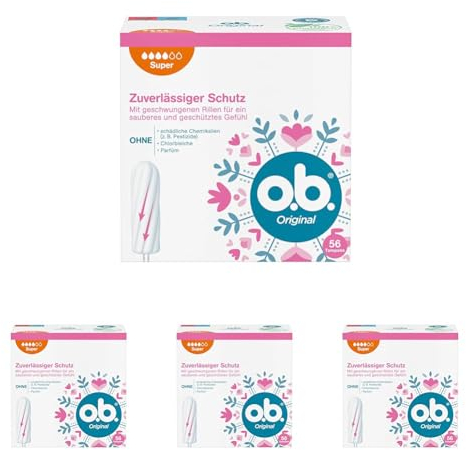 o.b. Original Super, Tampons für starke Tage mit StayDry Technologie und geschwungenen Rillen, für zuverlässigen Schutz und ein sauberes Gefühl (1 x 56 Stück) (Packung mit 4)