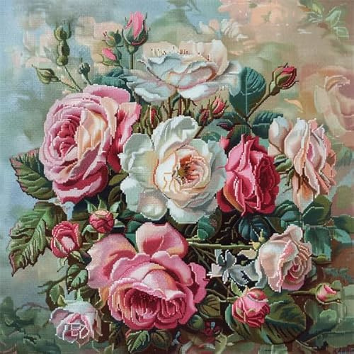 Henypt Kreuzstich Kissen Set Vorgedruckt Rose Stickkissen mit Muster 45X45cm Stickpackung Stickset Kreuzstich Kissen zum Basteln Stickkissen Stickpackung mit Vorgedruckt Kreuzstichmotiv