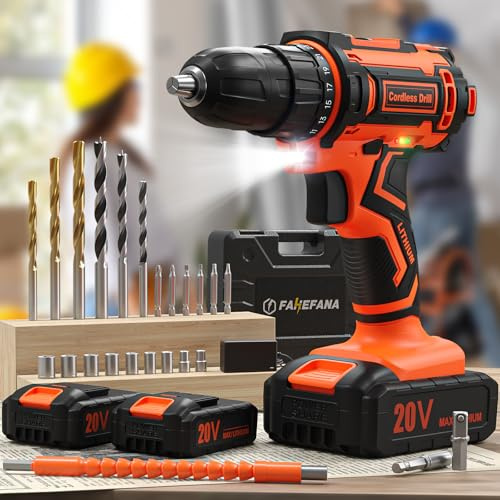 Cordless Drill, 20V 2x2.0Ah Battery Drill Set, 2 Speed Rechargeable Electric Combi Drills with Case 24 Accessories LED Light, 25+1 42Nm Torque Max Power Hand Drills Electric Screwdriver for Home DIY