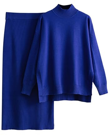 KBOPLEMQ Conjunto de suéteres para mujer, 2 unidades, manga larga, cuello alto, jersey de punto y falda, ropa de salón informal, chándales cálidos, pantalones de ocio, juego de falda de punto, traje