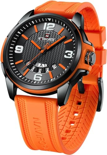 NAVIFORCE Orologio impermeabile per uomo e donna, orologio analogico automatico con data, militare, sportivo, unisex, cinturino in silicone, arancione e nero., Cinturino