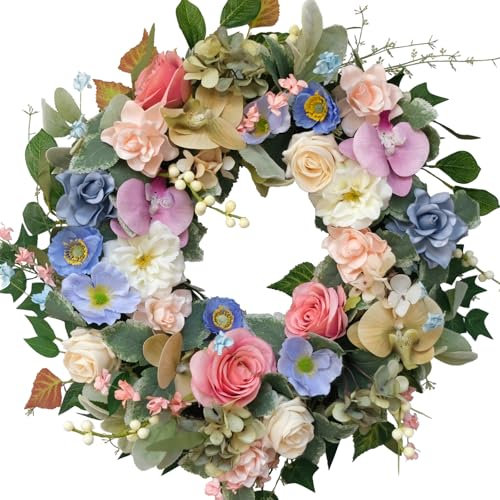 22 Artificial Flower Wreath, Colorful Spring/Summer Floral Wreaths with Roses Orchid Gardenia Hydrangea for Front Door Wall Window Holiday Festival Party Banquet Wedding Decor